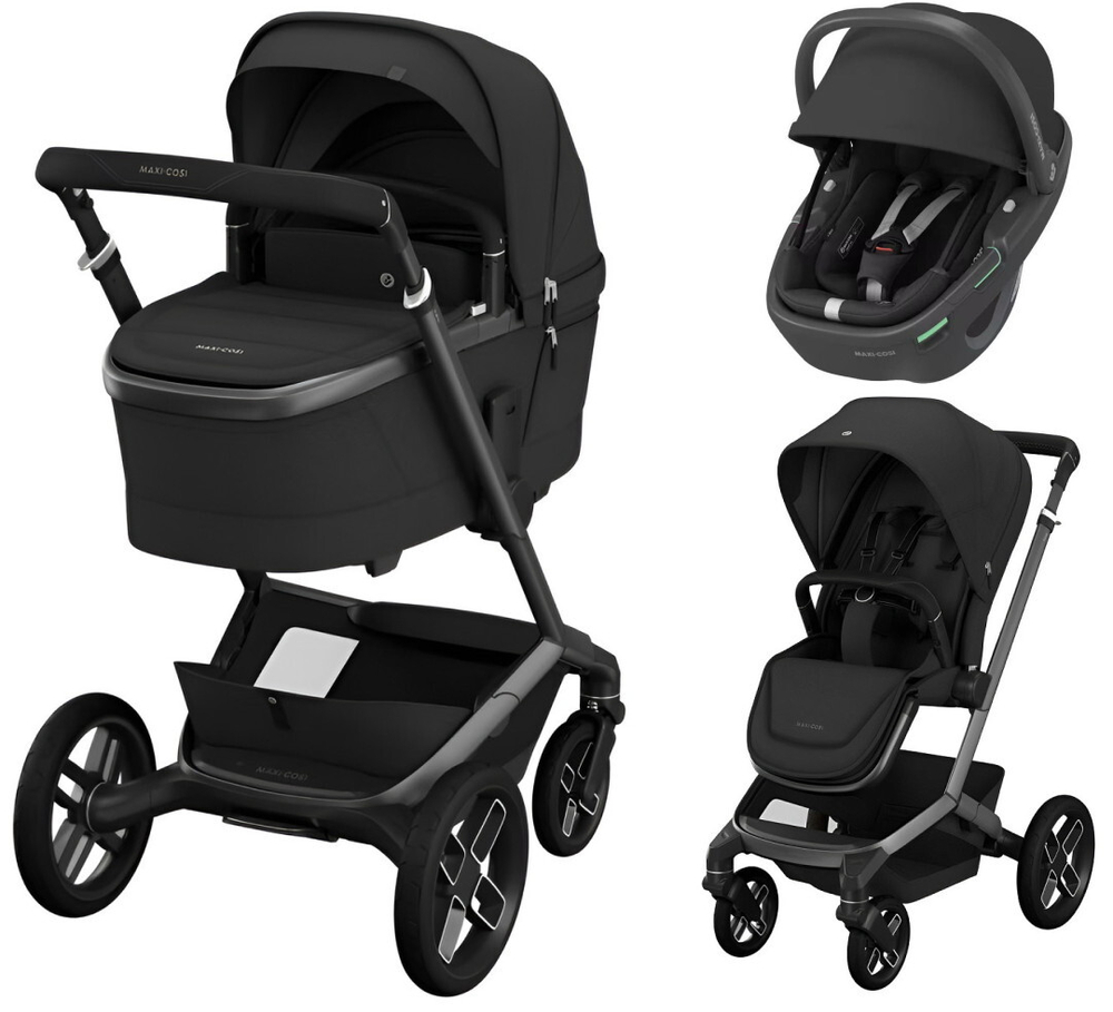 Детская коляска Maxi-Cosi Fame 3 в 1 с автокреслом Coral 360 Essential black Twillic Black/Черный