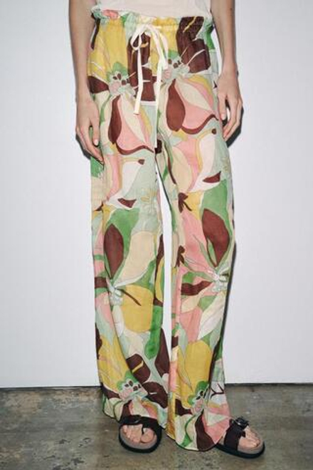 ZARA БРЮКИ ИЗ РАМИ С ЦВЕТОЧНЫМ ПРИНТОМ — ZW COLLECTION, ЗЕЛЕНЫЙ