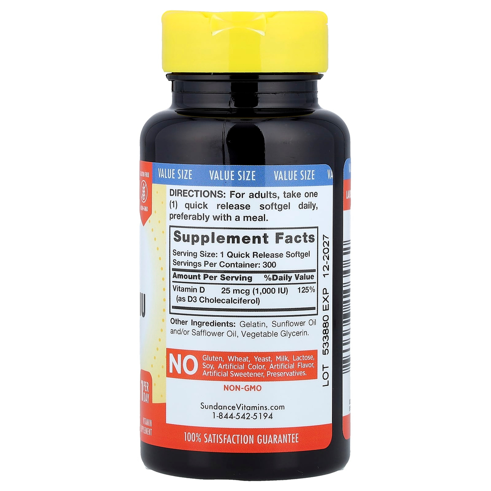 Sundance Vitamins, Высокоэффективный витамин D3, 25 мкг (1000 МЕ), 300 капсул быстрого высвобождения