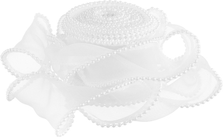 Лента декоративная (4 см*4,57 м) Органза с леской и бусинами, Белый, 1 шт.