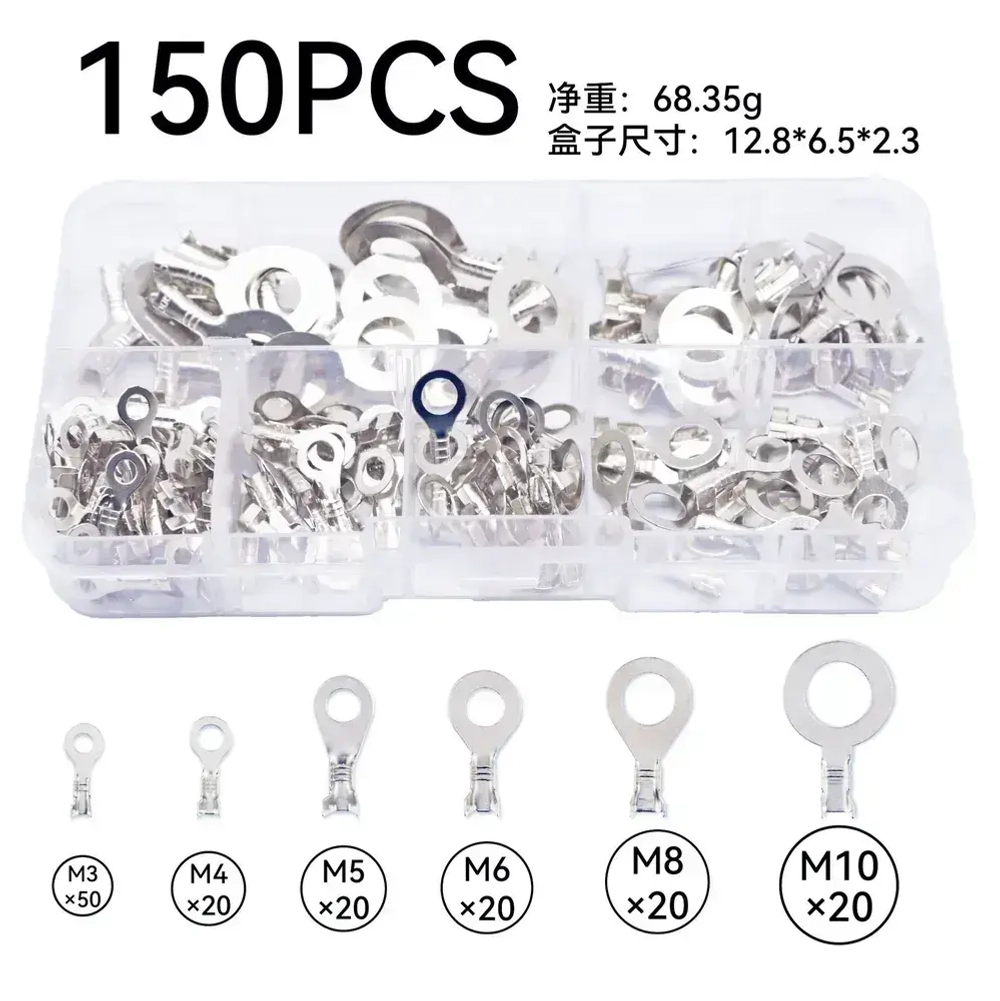 Кольцевые наконечники M3/M4/M5/M6/M8/M10, набор медных клемм для проводов 150шт. Лужёные.