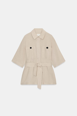 ZARA КУРТКА-САФАРИ ИЗ ЛЬНА С РЕМНЕМ, СВЕТЛО-БЕЖЕВЫЙ