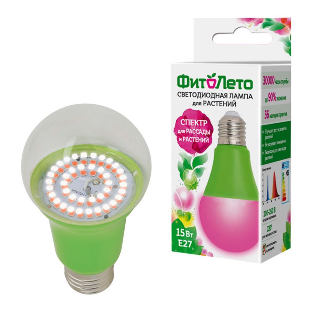 LED-A60-15W/SPSB/E27/CL PLP30GR Лампа светодиодная для растений. Форма A, прозрачная. Спектр для рассады и цветения. Картон. ТМ ФитоЛето