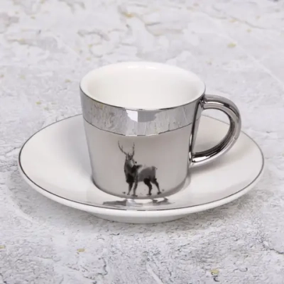 Кофейная пара (зеркальная кружка 90мл+блюдце) анаморфный дизайн «Гордый Олень»
