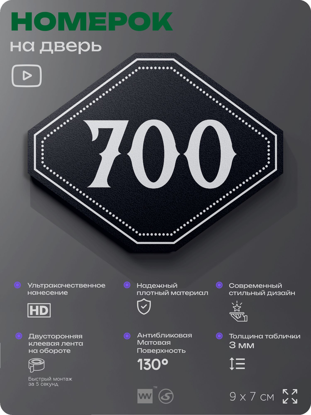 Номерок на дверь квартиры 700, для кабинета, офиса, шильдик 9 х 7 см, черный, Айдентика Технолоджи