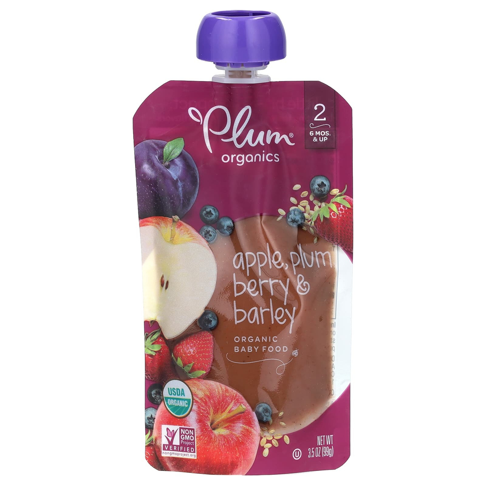Plum Organics, органическое детское питание, от 6 месяцев, яблоко, слива, ягоды и ячмень, 99 г (3,5 унции)