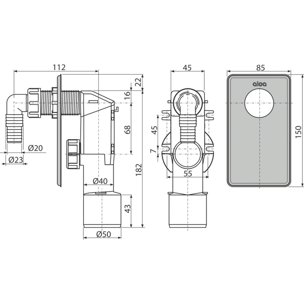 Минисифон для стиральной машины п/штукатурку (посудом.маш.) хромир.пласт APS3/AG210321100 Alcadrain