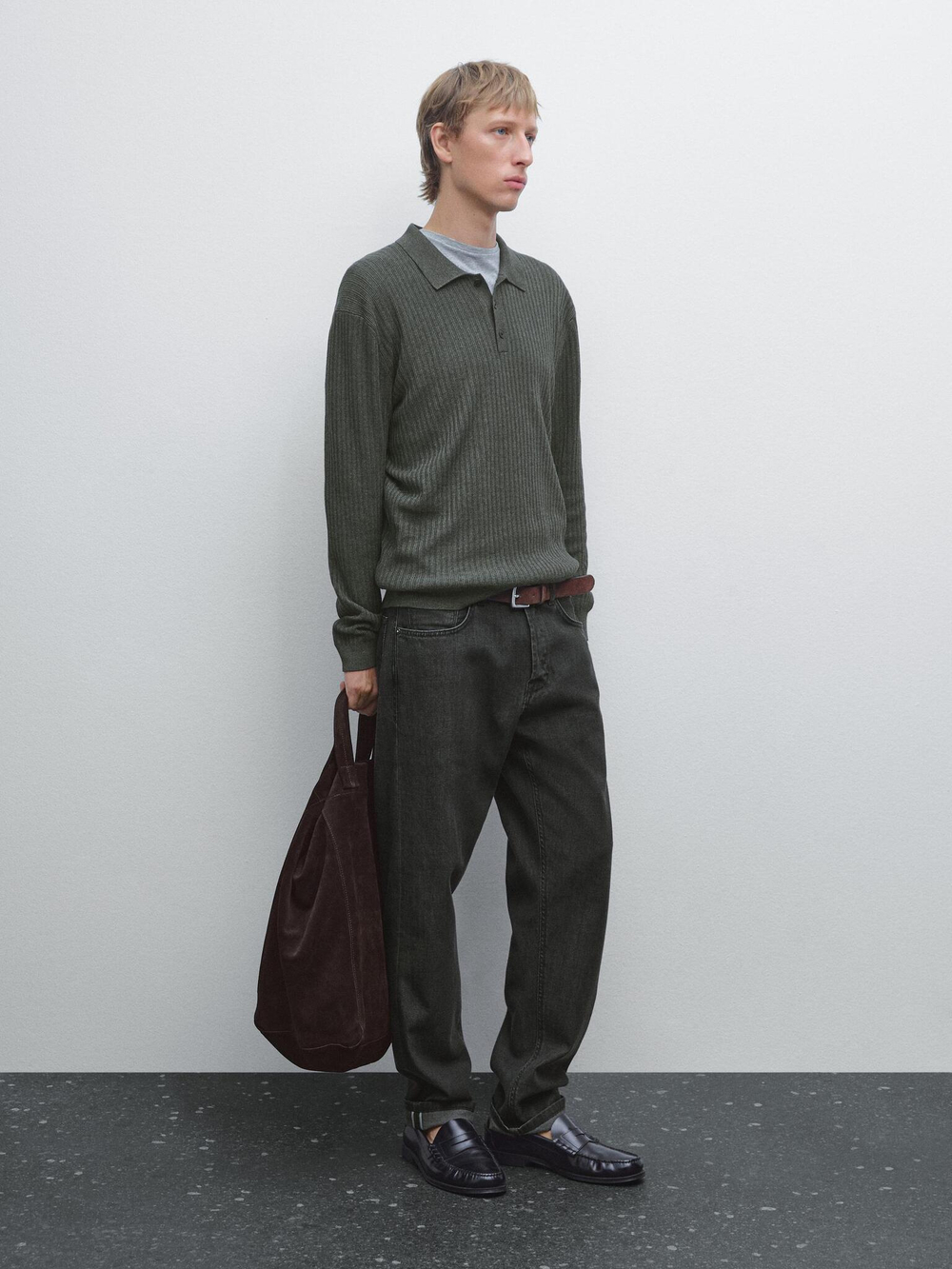 Massimo Dutti Трикотажный свитер с воротником-поло, темно-серый