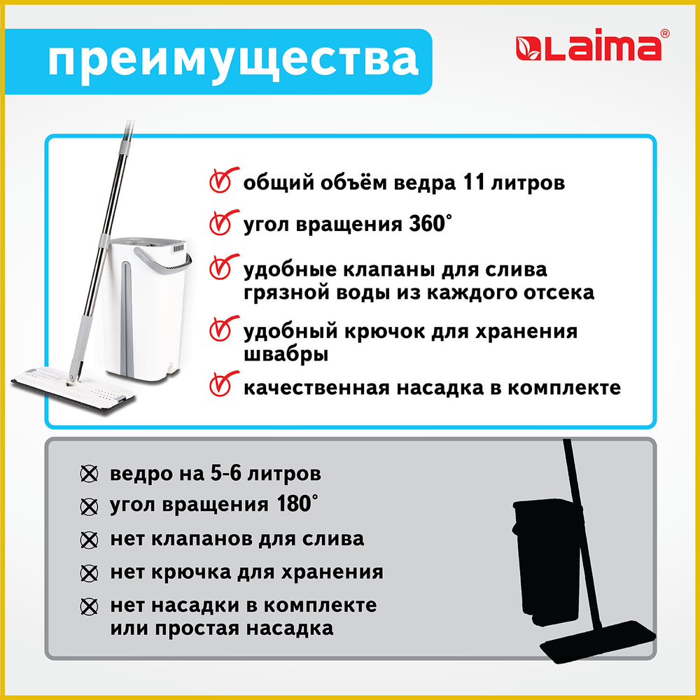 комплект для уборки: швабра ведро 11 л/9 л двухкамерное с отжимом насадка МОП (кармашки с двух сторон) PRO CLEAN LAIMA