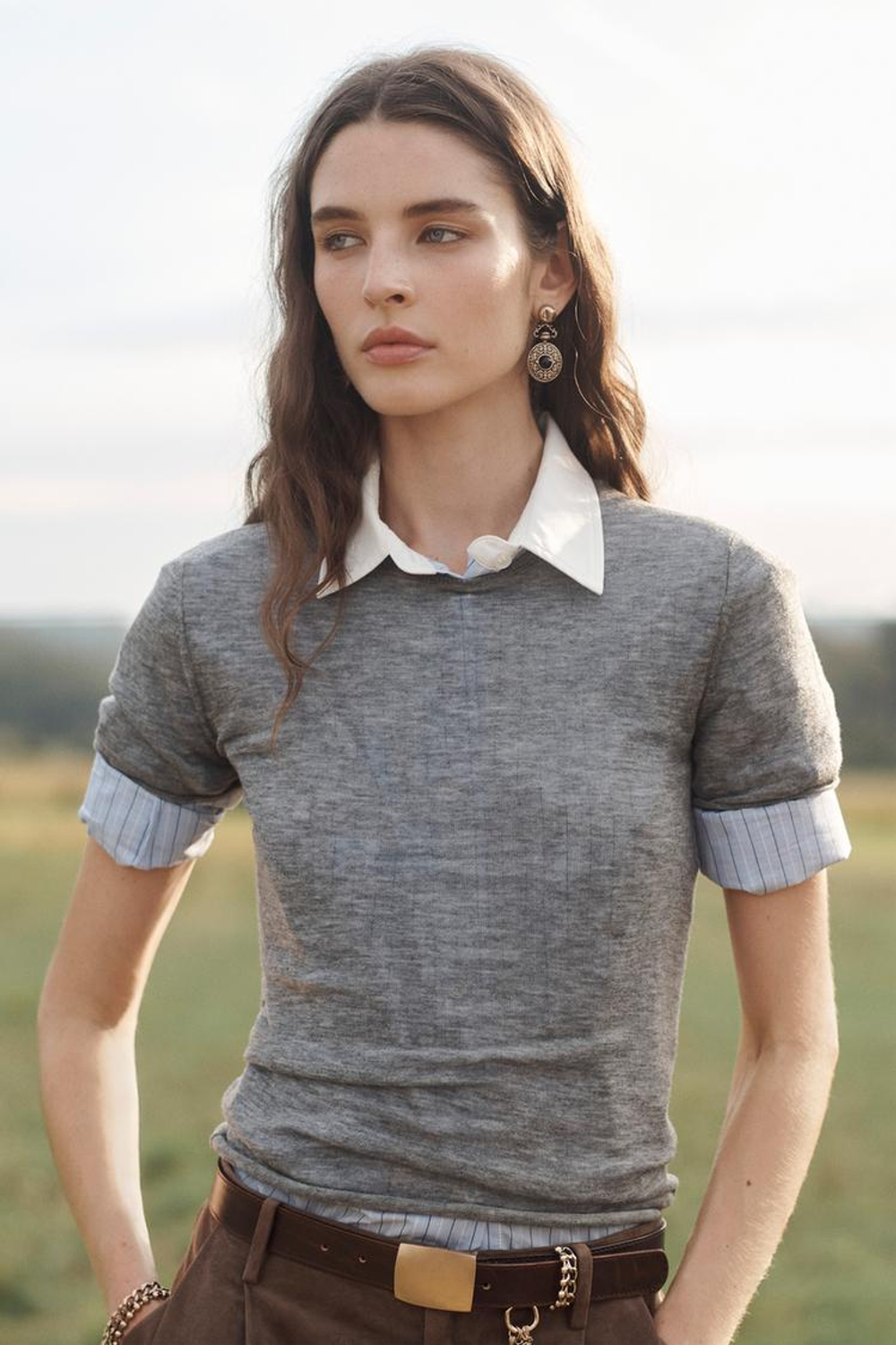 ZARA ФУТБОЛКА ИЗ 100% ШЕРСТИ, СЕРЫЙ