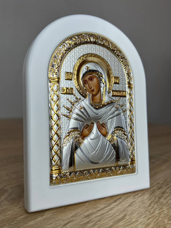 Семистрельная БМ, икона арочная, белое дерево 105х140