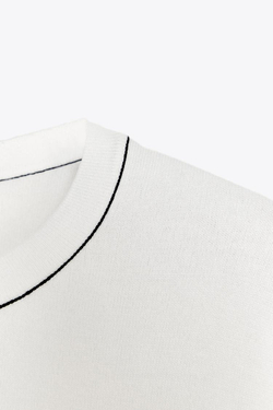 ZARA ТРИКОТАЖНЫЙ ТОП С КОРОТКИМИ РУКАВАМИ И ОКАНТОВКОЙ, БЕЛЫЙ/МОРСКОЙ СИНИЙ