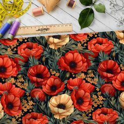 Ткань премиум шифон крупные маки на серых листьях