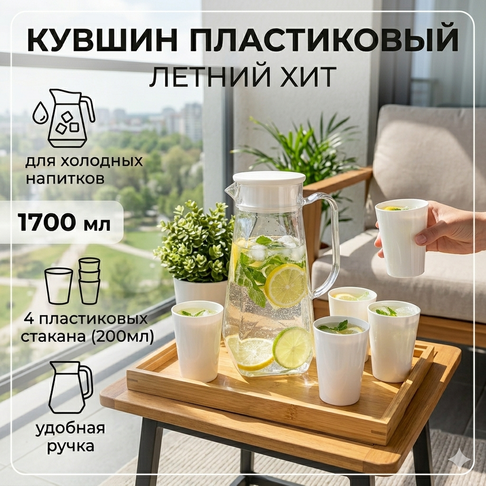Кувшин пластиковый 1.7л «Летний хит» в наборе с 4-мя стаканами 200мл