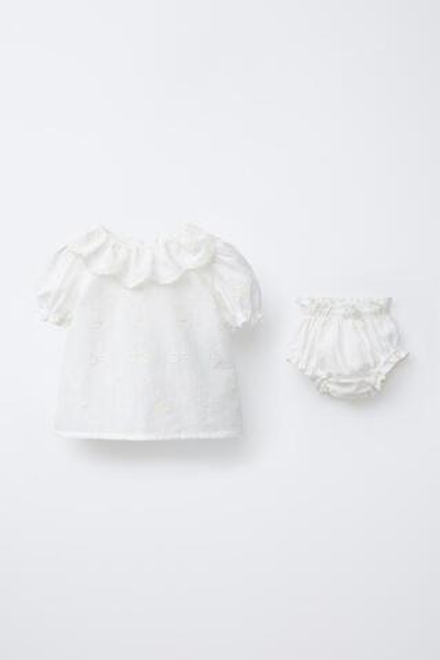 ZARA БЛУЗА И ТРУСЫ С ВЫШИВКОЙ И ЗАВЯЗКАМИ, СВЕТЛЫЙ ЭКРЮ