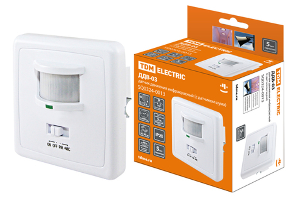 Датчик движения встраиваемый в стену ДДВ-03 500Bт 5-480с 2-12м 5+Лк 140гр IP20 TDM