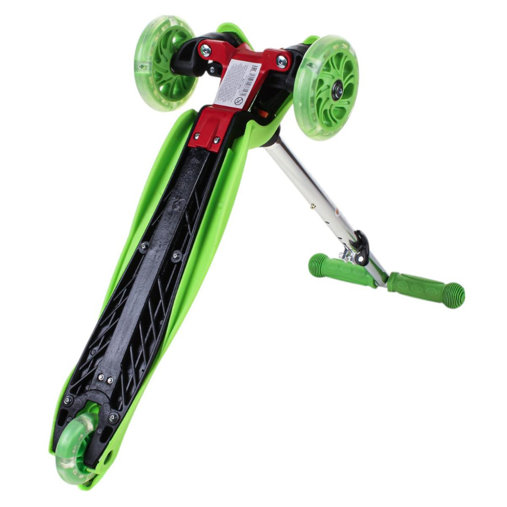 Самокат трехколесный, колеса PVC со светом 110мм, зеленый, размер 52х10,5см, ручка металл.съемная