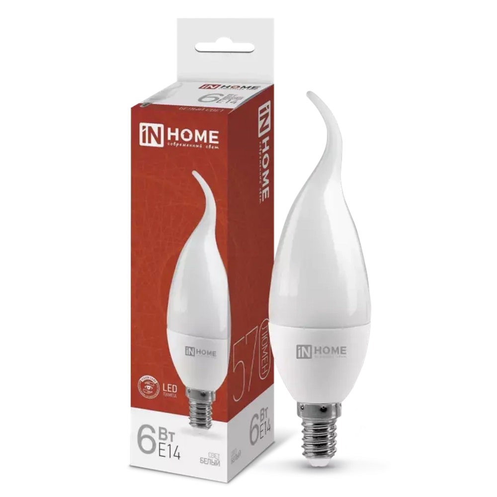 Лампа светодиодная LED-СВЕЧА НА ВЕТРУ-VC 6Вт 230В Е14 4000К БЕЛЫЙ ЦВЕТ 540Лм IN HOME
