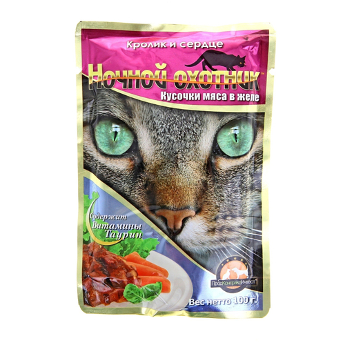 Влажный корм Ночной охотник для взрослых кошек, кролик и сердце в желе, 100 г