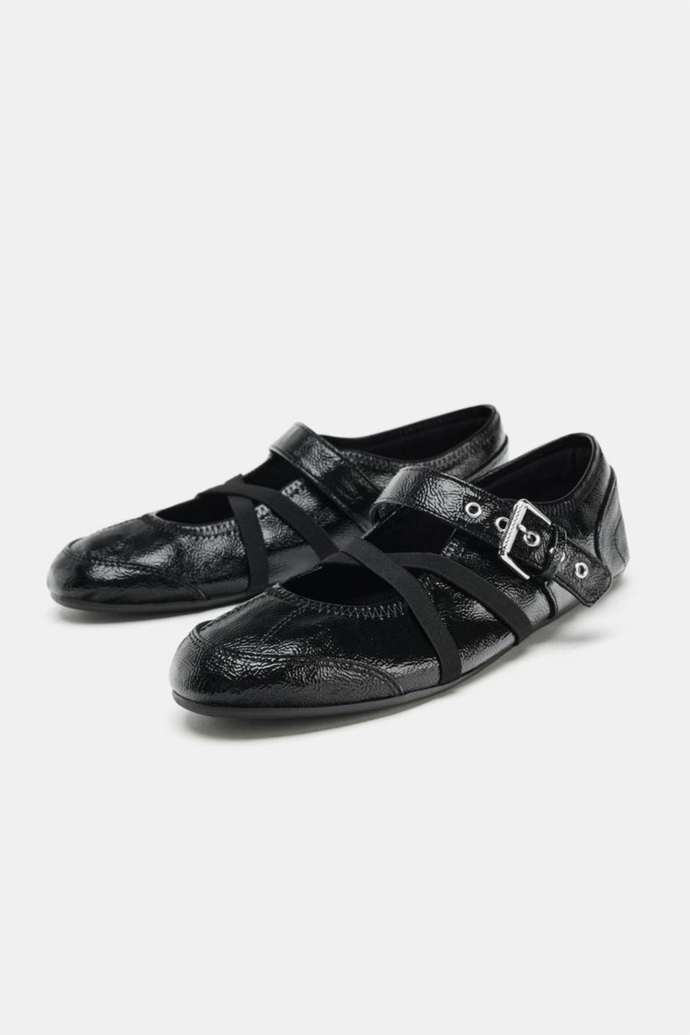 ZARA БАЛЕТКИ ИЗ ЛАКИРОВАННОЙ ИСКУССТВЕННОЙ КОЖИ С ПРЯЖКАМИ, ЧЕРНЫЙ