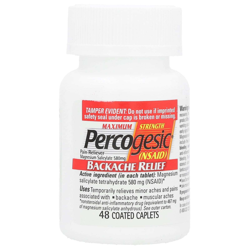 Percogesic, Обезболивающее для спины, максимальная эффективность, 580 мг, 48 капсул, покрытых оболочкой, которые легко глотать