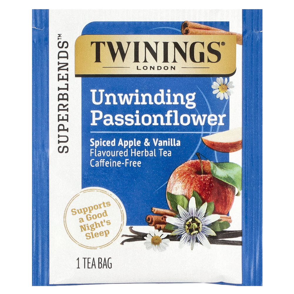 Twinings, Успокаивающий травяной чай, страстоцвет и ромашка, пряное яблоко и ваниль, без кофеина, 18 пакетиков по 0,95 унц. (27 г)