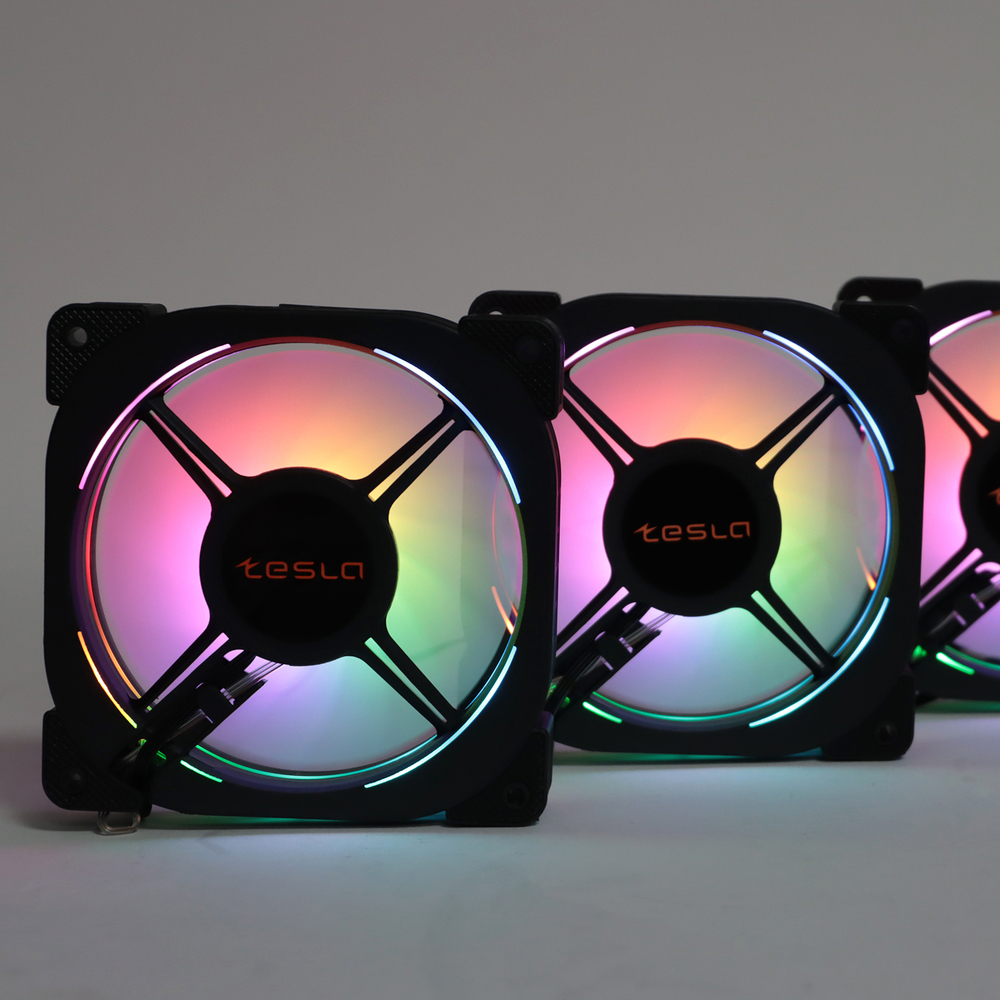 Комплект из 3 вентиляторов TESLA RGB120-XB3, 120мм, 1200rpm, Molex, черный-белый/RGB, 38CFM, 21дБ, антивибропрокладки, бесконечное зеркало, изменение скорости анимации подсветки (TSL-120-XB3)