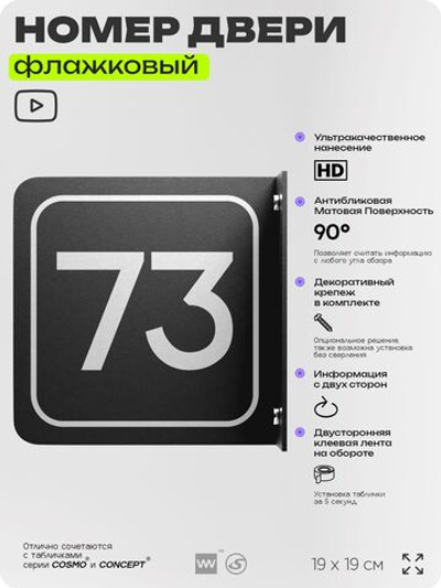 Табличка флажковая с номером 73 на дверь квартиры, для офиса, кабинета, аудитории, склада, черная двустороняя 19х19 см, Айдентика Технолоджи