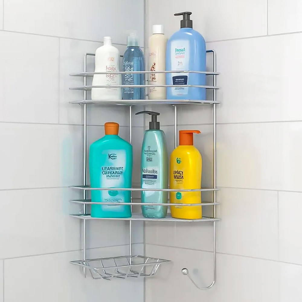 Полка угловая 2-х ярусная трапецея 18*18*41,5см с мыльницей и вешалкой, хром, ПТМ-2