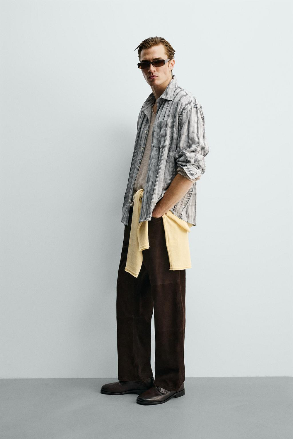 ZARA РУБАШКА RELAXED FIT В КЛЕТКУ, ЖЕМЧУЖНО-СЕРЫЙ