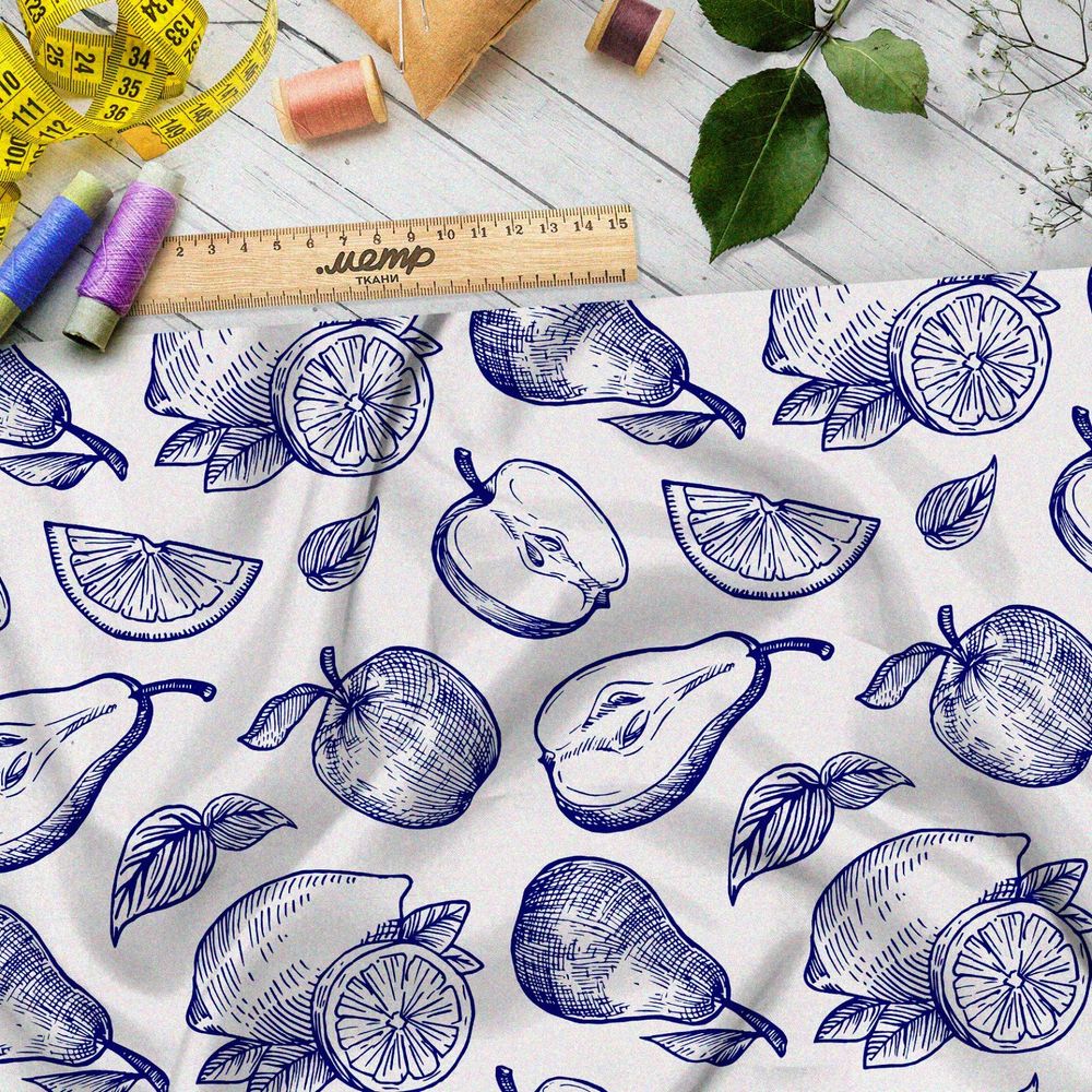 Ткань штапель нарисованные синей пастой фрукты