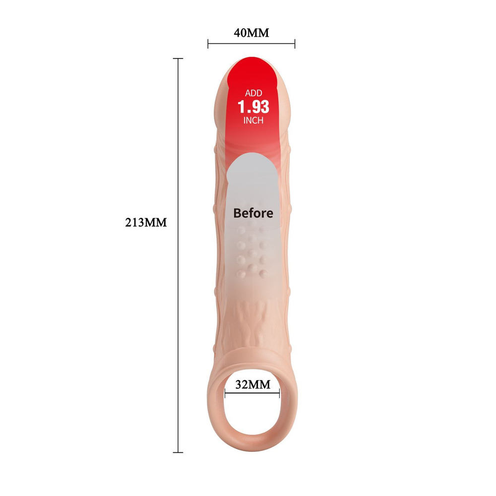 Телесная удлиняющая насадка с рельефом и вибрацией Brad - 21,3 см. (Цвет: телесный)