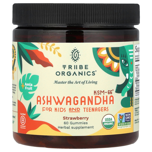 Tribe Organics, Ashwagandha KSM-66®, для детей и подростков, со вкусом клубники, 60 жевательных таблеток