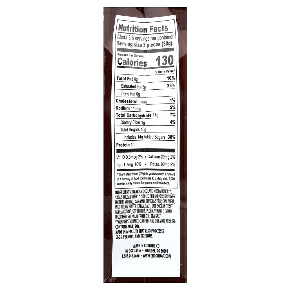 Chocolove, кусочки темного шоколада, соленая карамель, 55% какао, 100 г (3,5 унции)