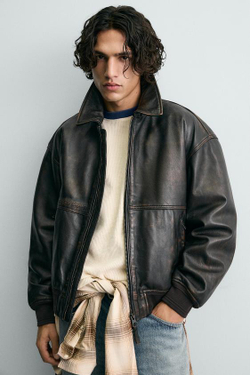 ZARA Х FORD КОЖАНАЯ КУРТКА-БОМБЕР, КОРИЧНЕВЫЙ