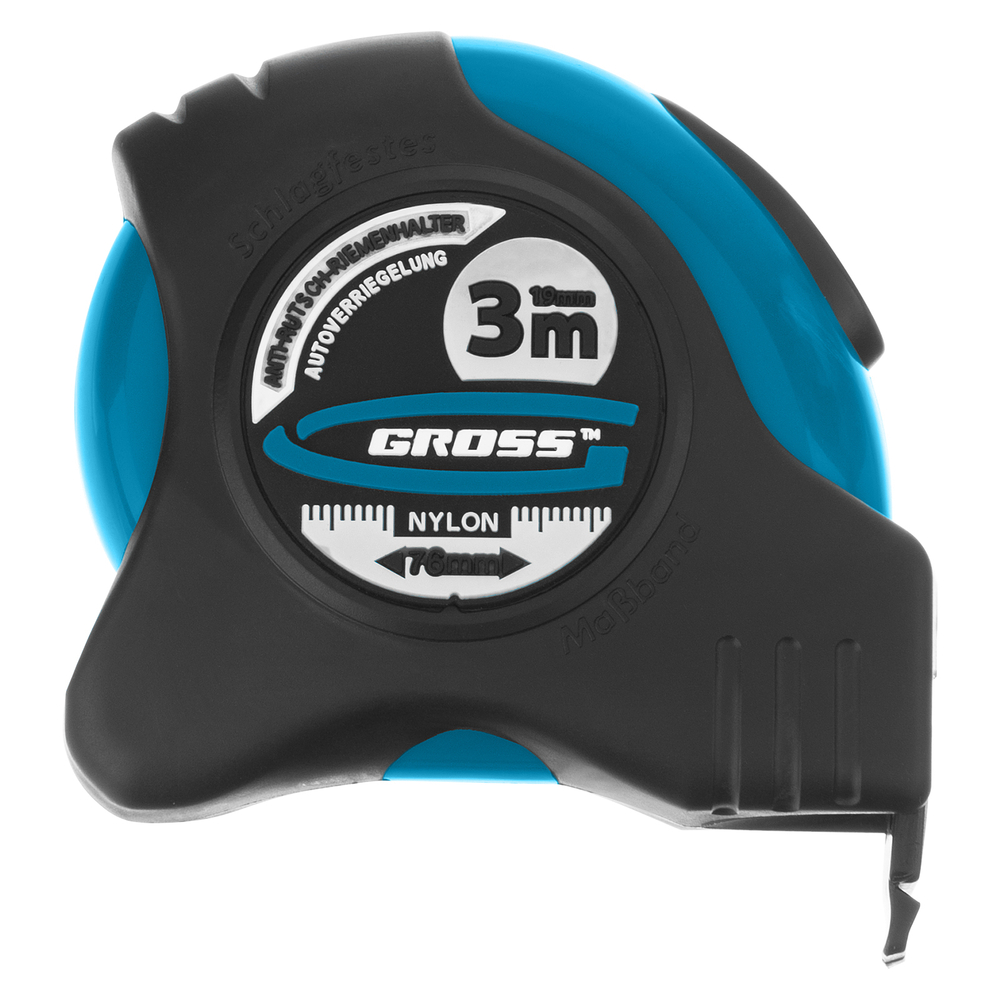 Рулетка "Schlagfest",3 м x 19 мм,магнитный обрезиненный зацеп,двусторонняя шкала,Нейлоновое покрытие,автоматическая фиксация Gross