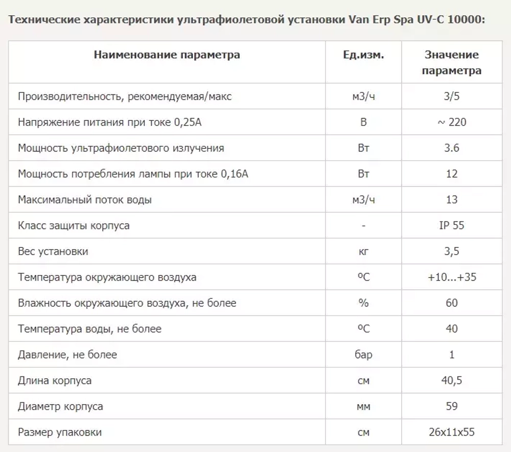 Ультрафиолетовая установка для бассейна - Blue Lagoon Spa UV-C 10000 - 12Вт, 5м³/ч, 220В, подкл. Ø50мм - VGE, Нидерланды