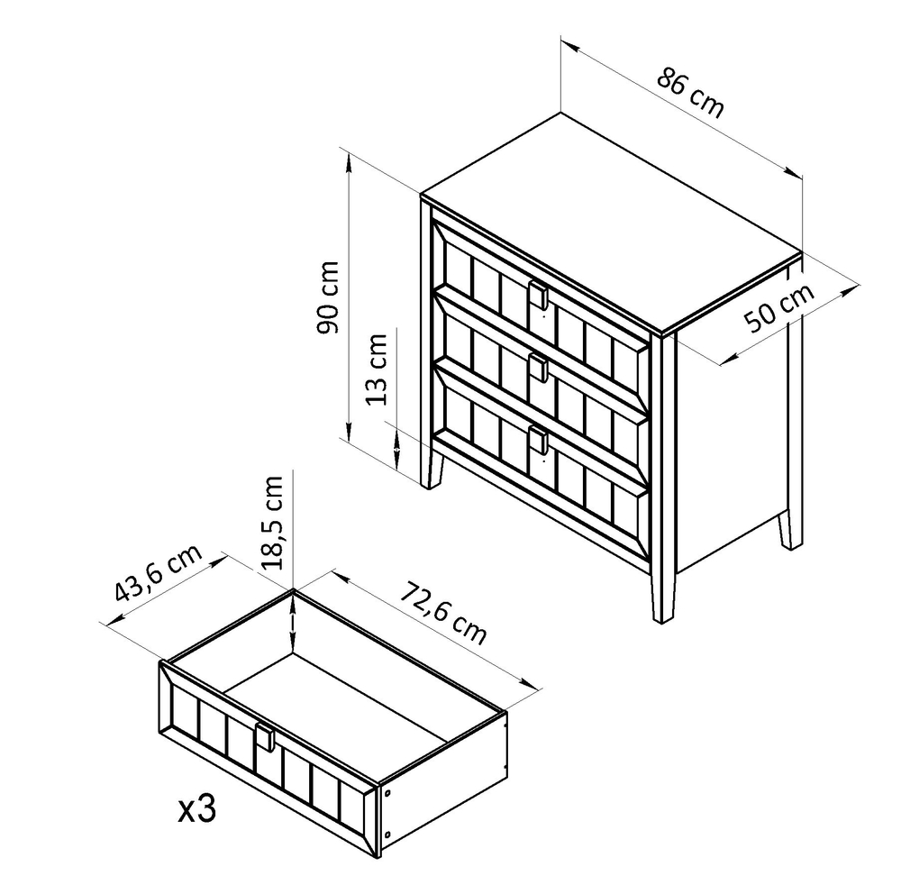 Комод 86x50x90, Карлос, с 3 ящиками для одежды, массив сосны, белый, Dipriz