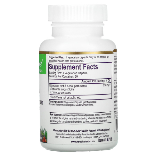 Paradise Herbs, Эхинацея, 250 мг, 30 вегетарианских капсул