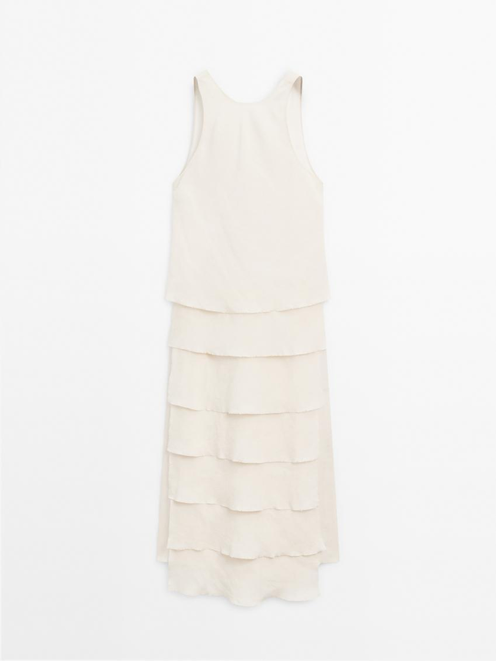 Massimo Dutti Длинное платье из струящейся ткани с воланами, натуральный, кремовый