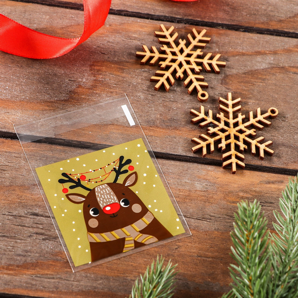 Пакет БОПП с липкой лентой, "Новогодний лес", 7*7+3см, 50 шт