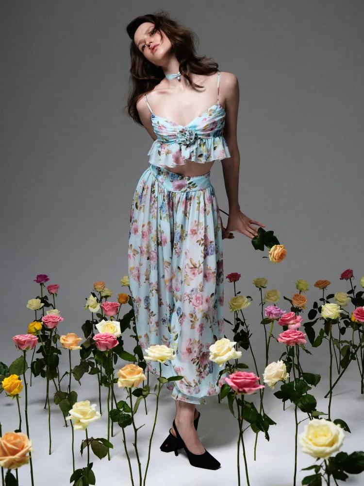 Эви (Evie), брюки с рюшей из голубого шифона с цветочным принтом