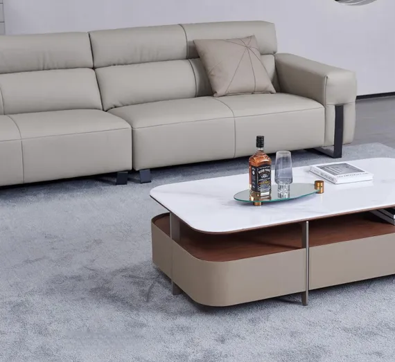 Журнальный столик 4636, белая керамика, шпон ореха, бежевая экокожа