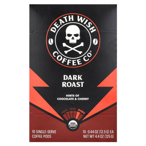 Death Wish Coffee, Порционные кофейные капсулы, темная обжарка, 10 капсул, по 12,5 г (0,44 унции)