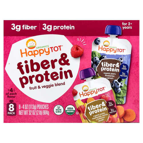 Happy Family Organics, Happy Tot®, клетчатка и белок, для детей от 2 лет, ассорти из 8 паучей по 113 г (4 унции)
