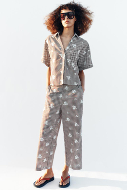 ZARA БРЮКИ-КЮЛОТЫ В КЛЕТКУ С ВЫШИВКОЙ В КОМПЛЕКТЕ, КОРИЧНЕВЫЙ/ЭКРЮ