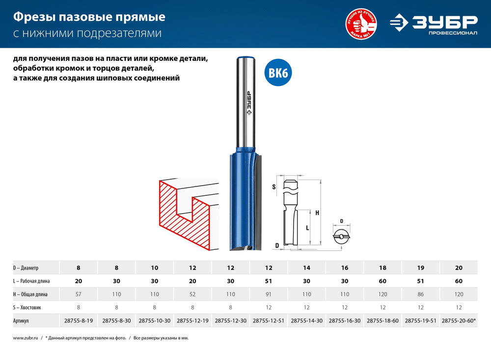 ЗУБР 18 x 60 мм, хвостовик 12 мм, фреза пазовая прямая с нижними подрезателями, Профессионал (28755-18-60)