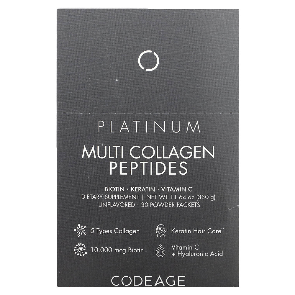 Codeage, Platinum, мультиколлагеновые пептиды, без добавок, 30 пакетиков по 11 г (0,38 унции)
