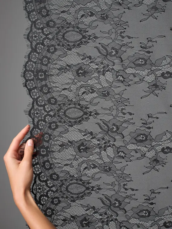 07-02 ОПТ Кружево реснички (шантильи) широкое, 75 см, черный 170