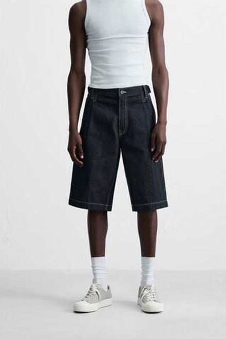 ZARA ДЖИНСОВЫЕ ШОРТЫ-БЕРМУДЫ BAGGY FIT СО ШЛЕВКАМИ, СИНИЙ